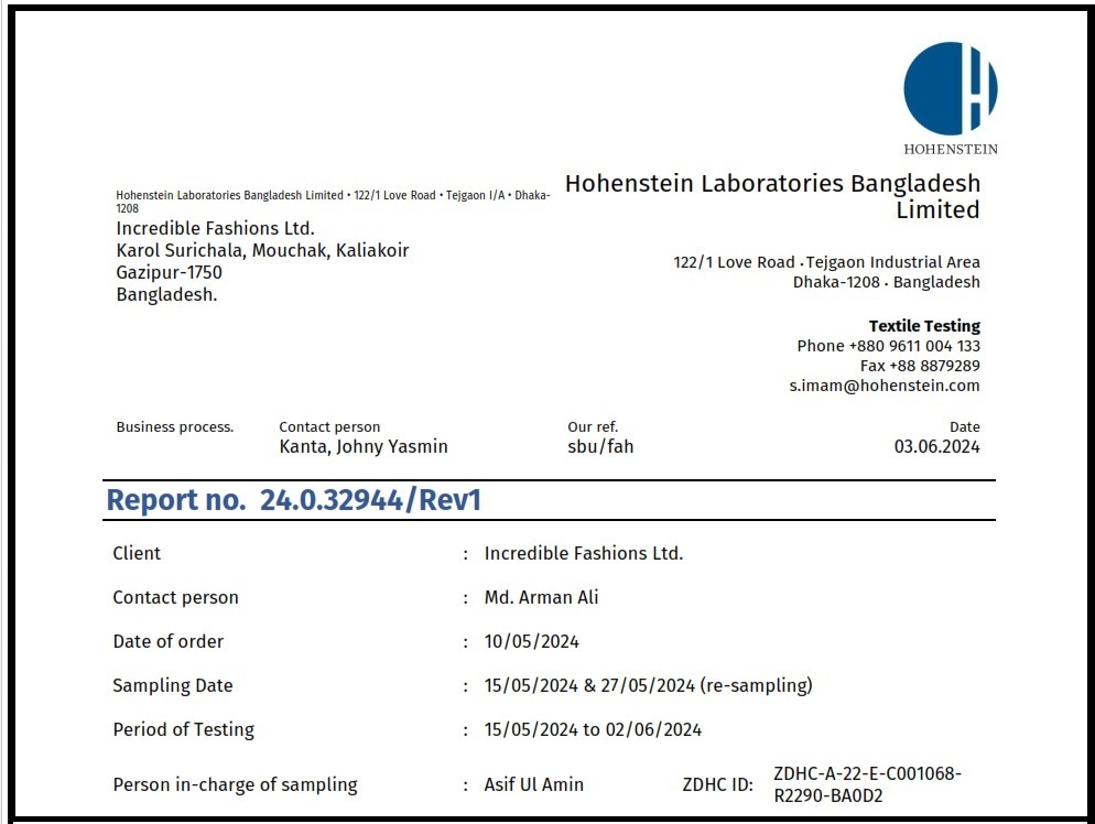 Hohenstein Waste Water Test Report